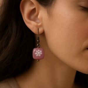 Pink Agate Dangle earrings floral design pierced